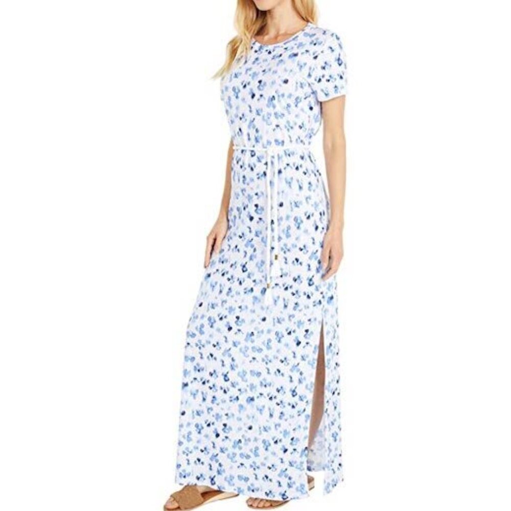 Women’s Blue Floral Maxi Dress with Waist Tie